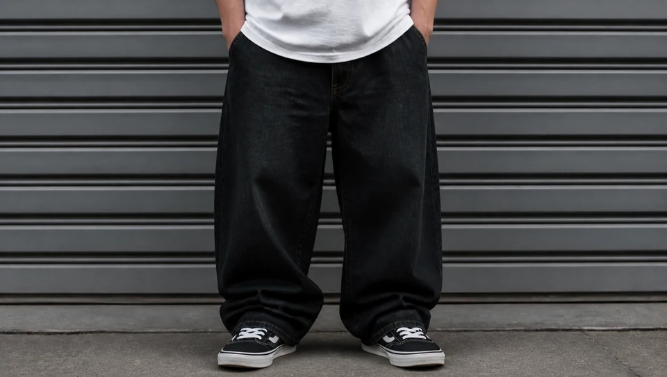 Pantalon baggy noir devant un rideau métallique