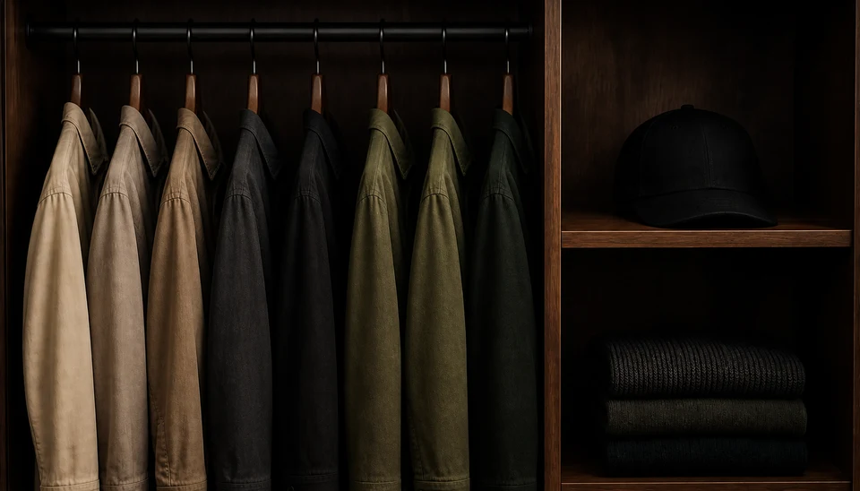 Vestes sombres suspendues dans une penderie capsule