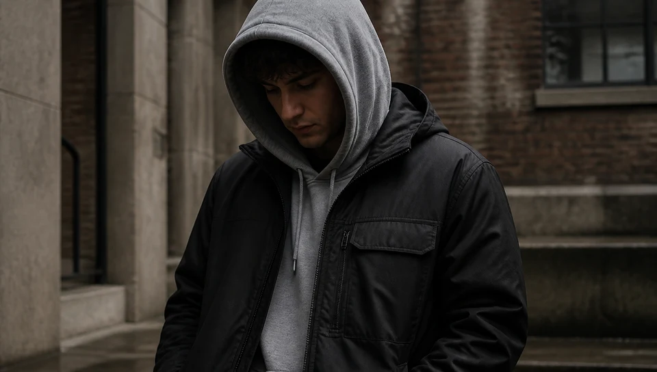 Hoodie gris porté sous une veste technique noire