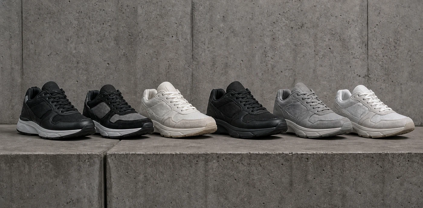Six sneakers rétro noires, blanches et grises alignées sur un muret en béton