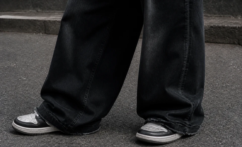 Pantalon baggy noir porté avec des sneakers sur un sol urbain